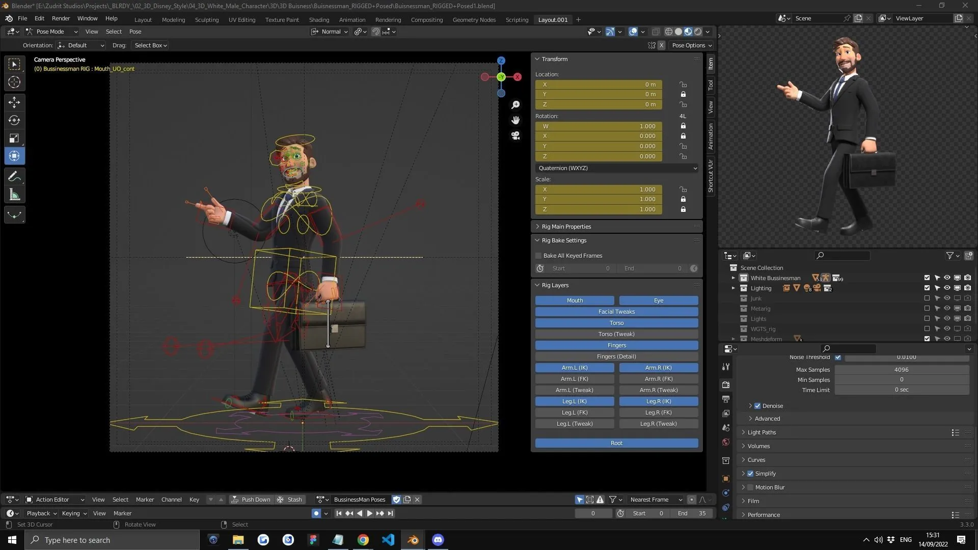 Cartoon Business Man Character 3D model in Blender workspace